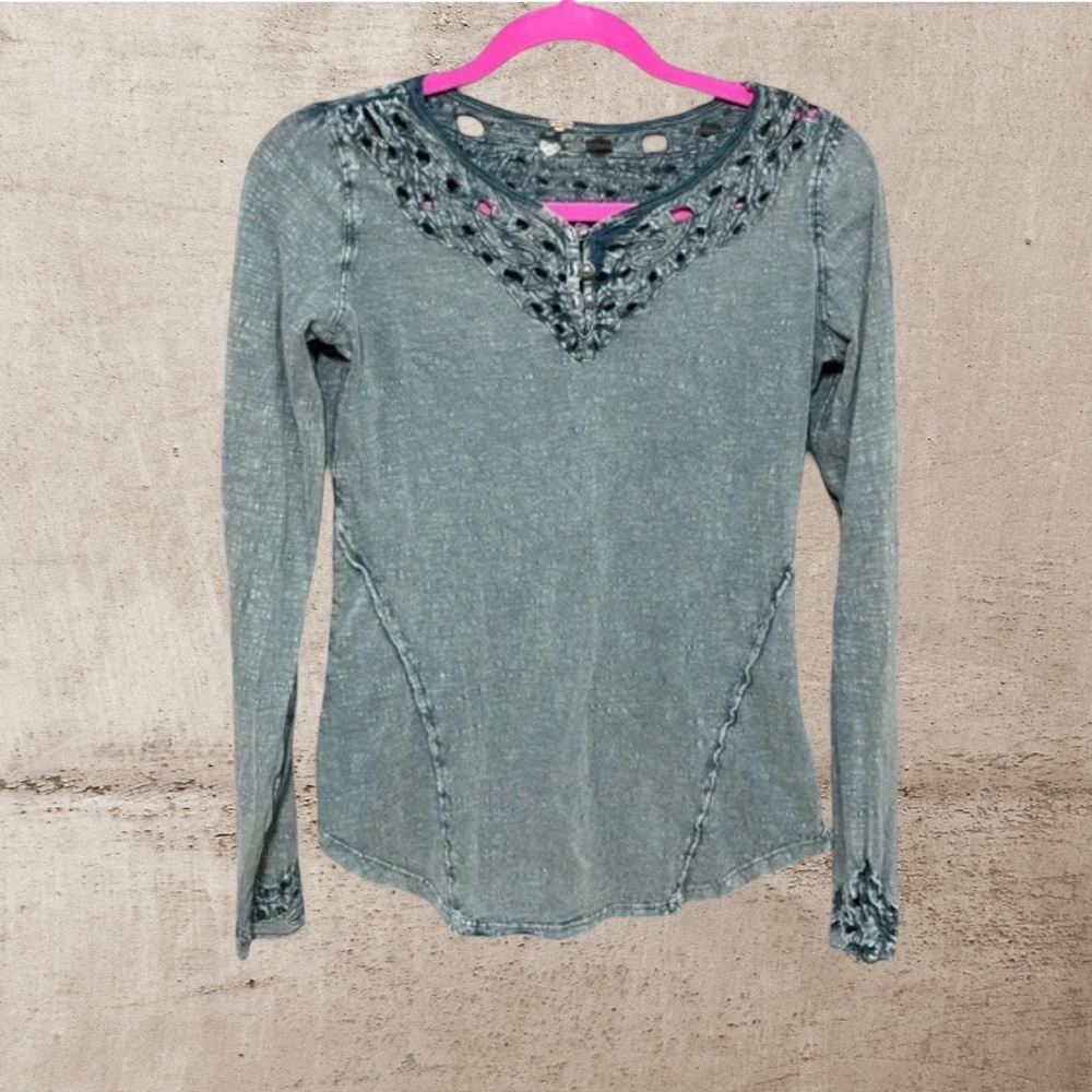 Free People Green Embellished Fitted Long Sleeve Blouse
